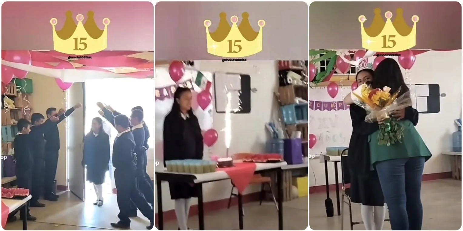 Festejo de XV años de compañera con la maestra y los alumnos